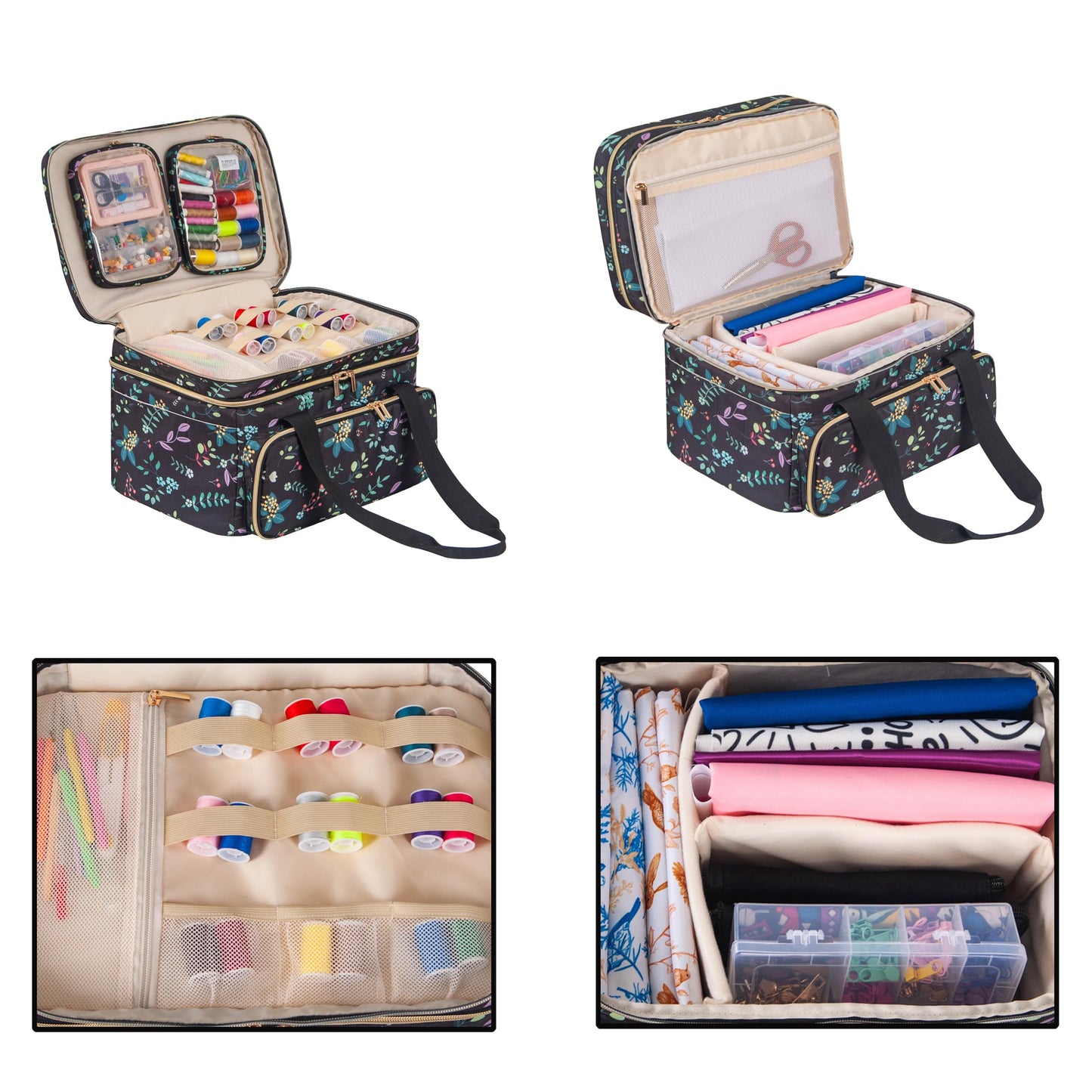 Remobia Hicol Double Layer Sewing Organizer - Bonus 2 Clear Plastic Boxes/2Detachable Pouches, Extra Large Capacity Bag for Threads, Needles & Craft Supplies (Black Leaves)