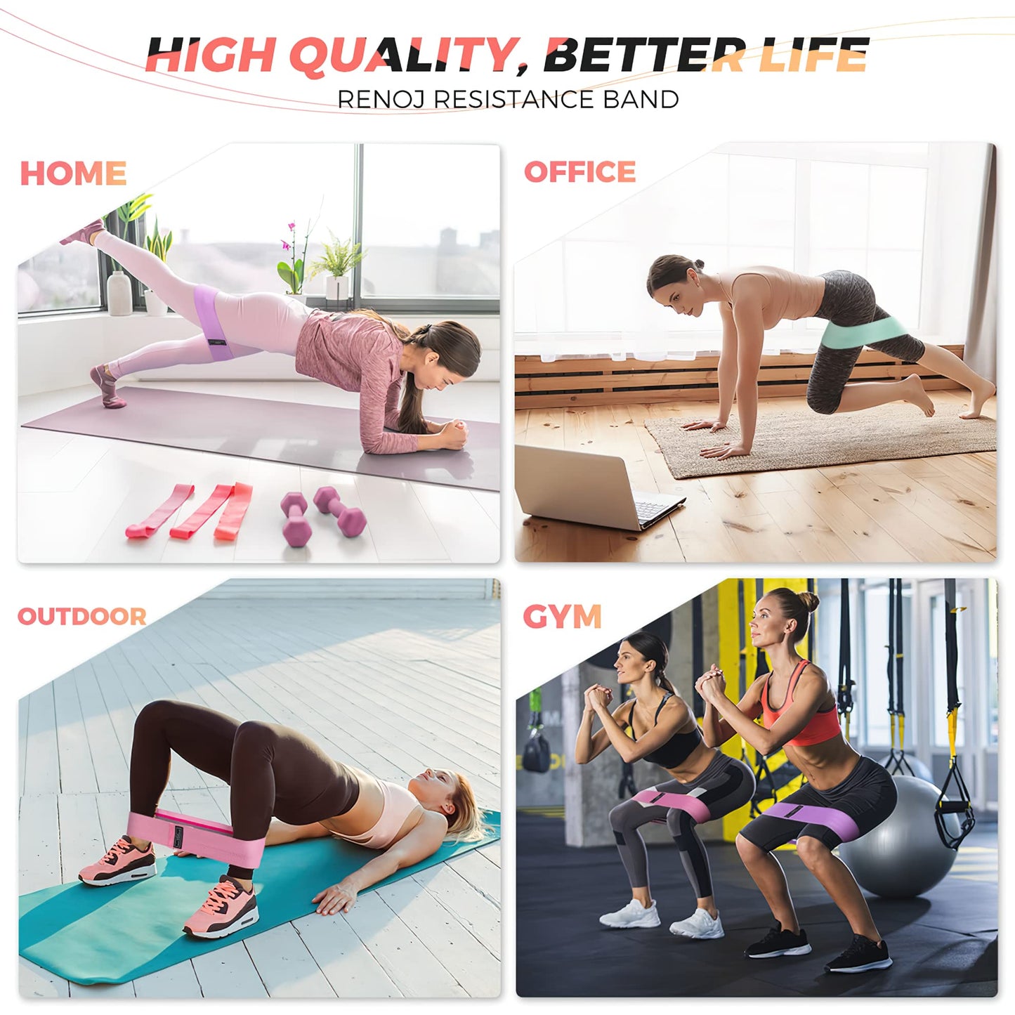 Renoj Resistance Bands, Yoga Starter Sets for Women and Men, 3 Set of Stretch Exercise Workout Bands for Booty Legs, Elastic Pilates Flexbands