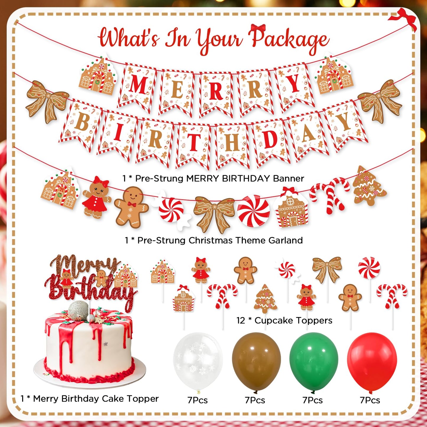 Christmas Birthday Party Decorations, Cute Bows and Gingerbread Merry Birthday Banner Cake Topper Red Green Snowflake Balloons for Gingerbread Christmas Decorations Holiday Party Supplies
