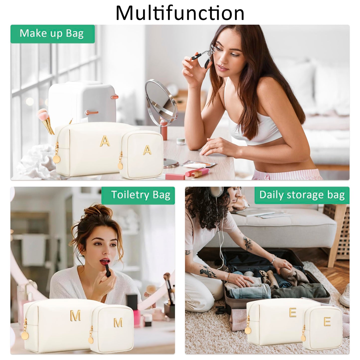 CLOUDWINGS Personalized Birthday Gifts for Women - Initial Makeup Bag Set Travel Toiletry Bag Cosmetic Bags Soft Waterproof PU Leather Makeup Pouch Travel Essentials (R, 2pcs Beige)