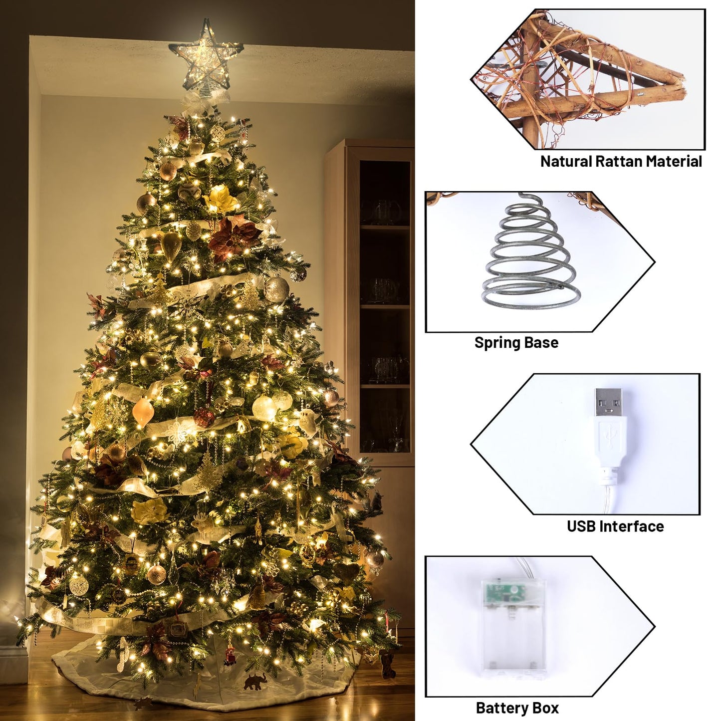 Christmas Tree Topper Star,Rattan Christmas Tree Topper with 50 LED Light,10 Inch Warm White Light Rustic Star for Christmas Tree Decoration Holiday Farmhouse Decor Battery & USB Powered