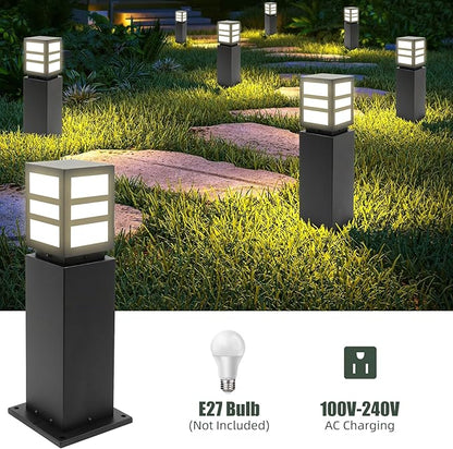 2Pack Landscape Path Lights 24" IP65 Waterproof Bollard Lights, Heavy Duty Steel Stable Widened Base E27 Lamp Holder, Modern Outdoor Path Lights Bollard for Lawn, Patio, Courtyard, Driveway, Oblong