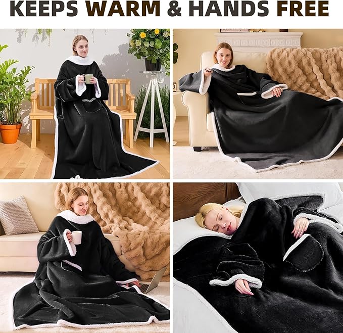 IFNOW Sherpa Wearable Blanket with Sleeves for Women Men Adults, Cozy Wearable Blanket with Arm and Pocket, Warm Full Body TV Wrap Throw Blanket, Soft Robe Blanket as Gifts for Mom Wife, Black