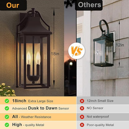 𝟏𝟖𝑰𝑵 Outdoor Wall Sconce Fixtures, Dusk to Dawn Patio Lights Waterproof Exterior Lanterns, 2-Light Modern Wall Light Mounted with Glass, Oil Rubbed Bronze Outside Lights for House Front Door Decor
