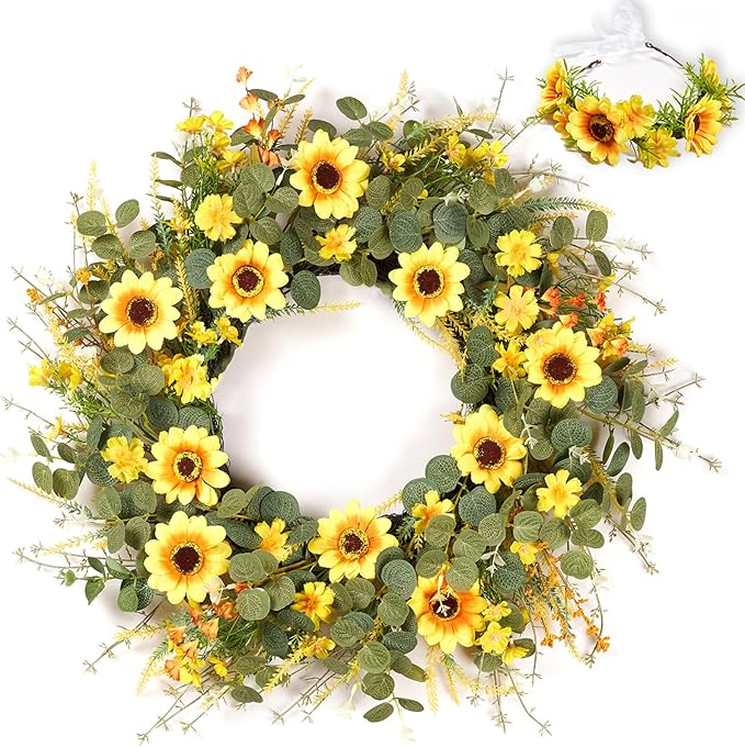 24" Sunflower Wreath for Front Door - Artificial Floral Lush Summer Wreath with Adjustable Headband & DIY Decor for Wall, Home, Wedding, Party, Christmas (Yellow)