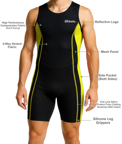 Wixen Men’s Triathlon Suit – Padded One-Piece Sleeveless Trisuit with Rear Zipper for Running, Swimming, Cycling – Neon Green-2XL