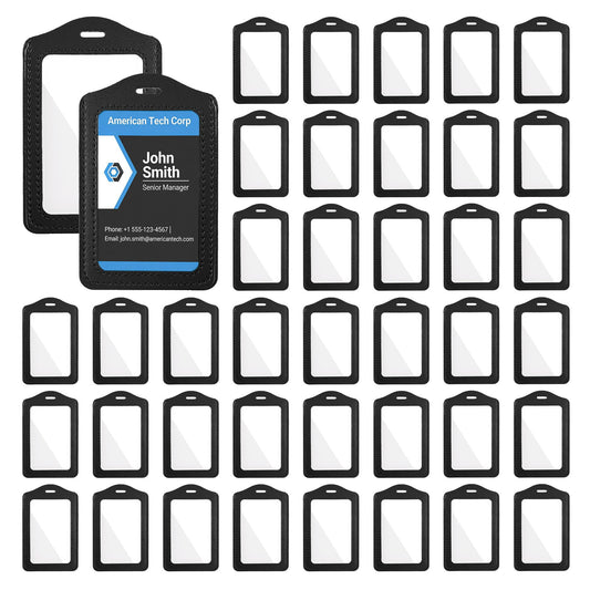 TXIN 50 Pack ID Badge Holder PU Leather ID Name Card Tag Holder Protector Vertical Work Badge Cover Sleeve with Clear Window for Office Staff School Students Small Business Supplies, Black