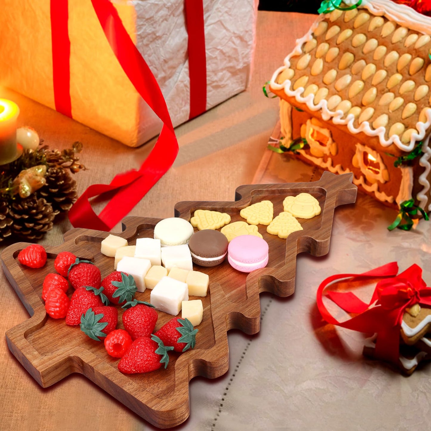 Gtencemen Acacia Wood Christmas Tree Tray - Decorative Serving Platter, Festive Plate, Xmas Dish & Wooden Charcuterie Board for Holiday Gift, Cheese, Fruit, Veggie & Cookie, Food, Snack, 16” x 10”