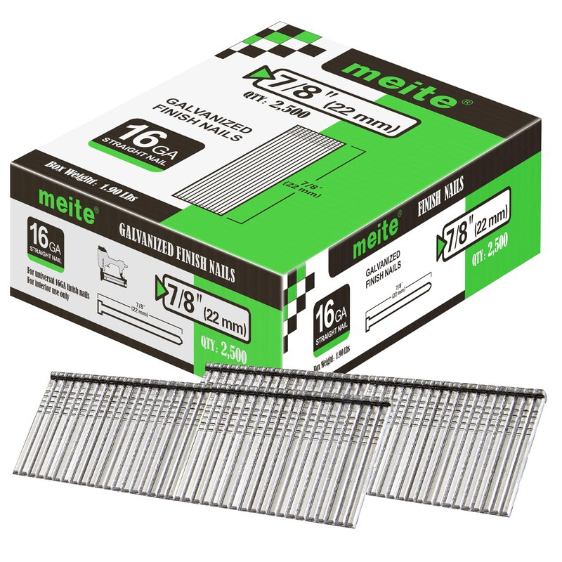 meite 16 Gauge Finish Nails 7/8 Inch Galvanized 16GA Straight Finishing Nails for Finish Nailer for Window Casing Baseboard Crown Molding, 5 Boxes/12,500PCS