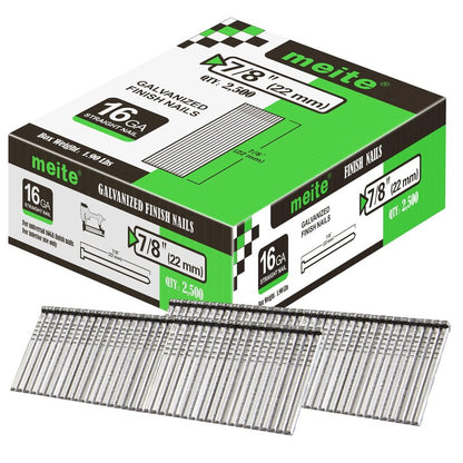 meite 16 Gauge Finish Nails 7/8 Inch Galvanized 16GA Straight Finishing Nails for Finish Nailer for Window Casing Baseboard Crown Molding, 5 Boxes/12,500PCS