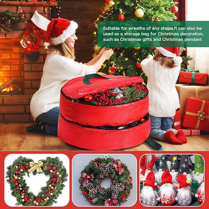 Double Layer Christmas Wreath Storage Container Bag Wreath Storage Pure Color Seasonal Garland Holiday Container Festive Box with Dual Zippers and Handles for Xmas(36 Inch,Red)