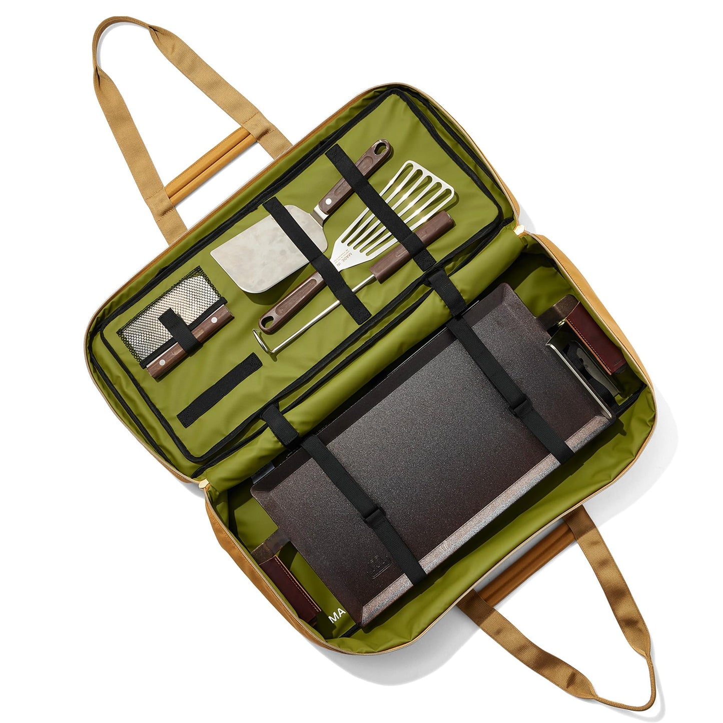 Made In Cookware - Griddle Utility Bag - Fits 2-Burner Carbon Steel Griddle - Removable Stain-Proof Interior - Luggage Grade Nylon - Camel Exterior and Olive Interior