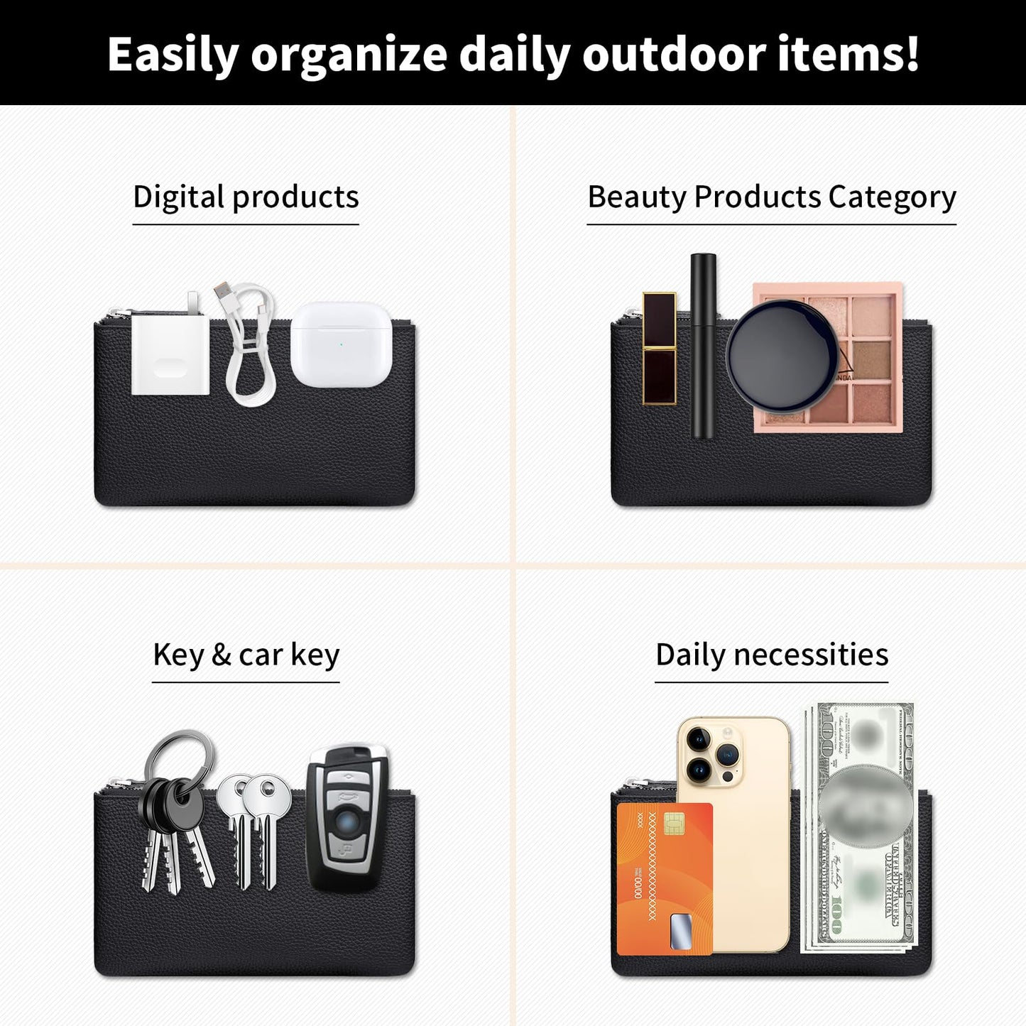 Genuine Leather Zipper Purse, Travel Makeup Bag With Zipper for Men Women Coin Bag Lipstick Cosmetic Accessories Organizer, Travel Kit Storage Pouch (Black)