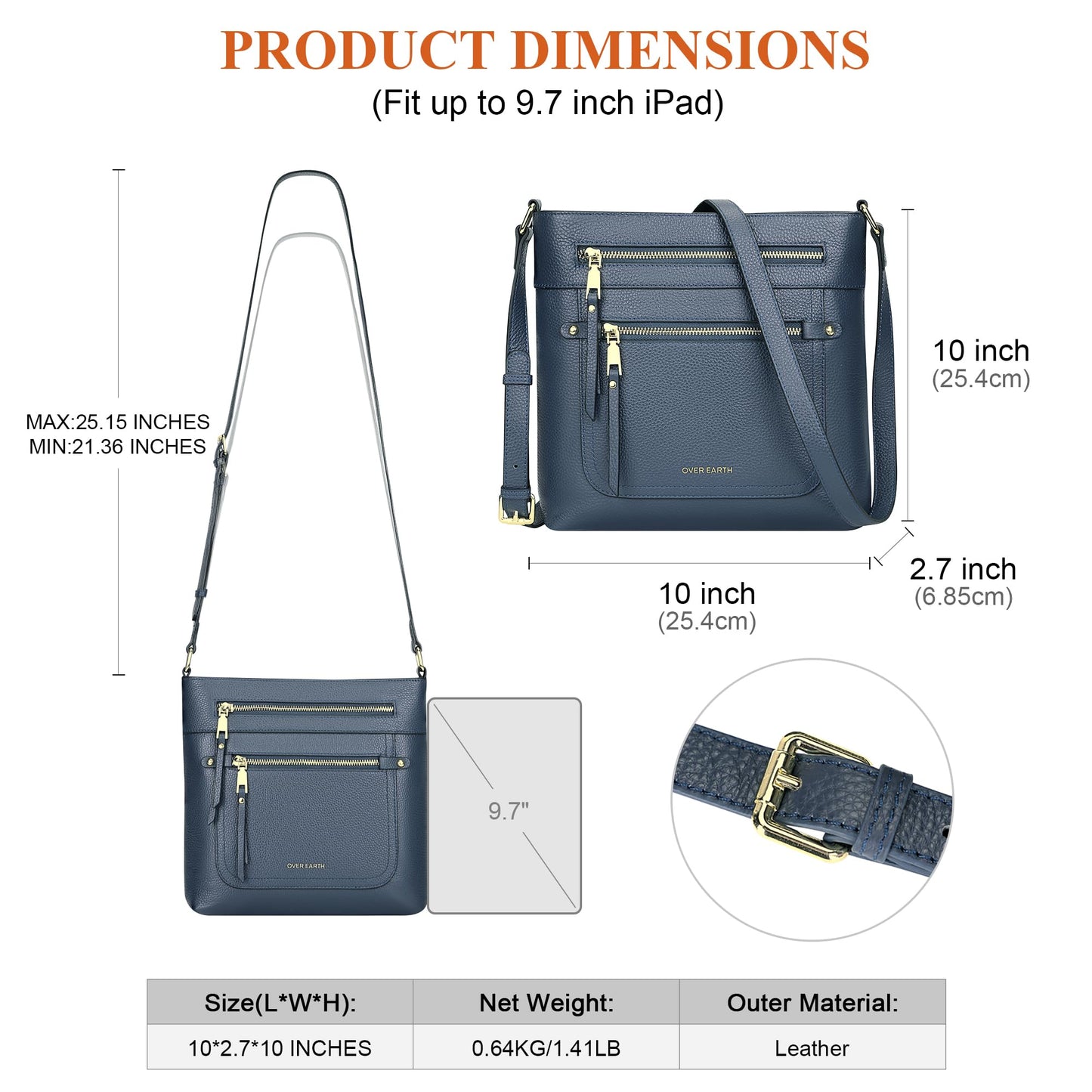 Over Earth Crossbody Bags for Women Leather Purses for Ladies with Multiple Pockets(O199E Indigo Blue)