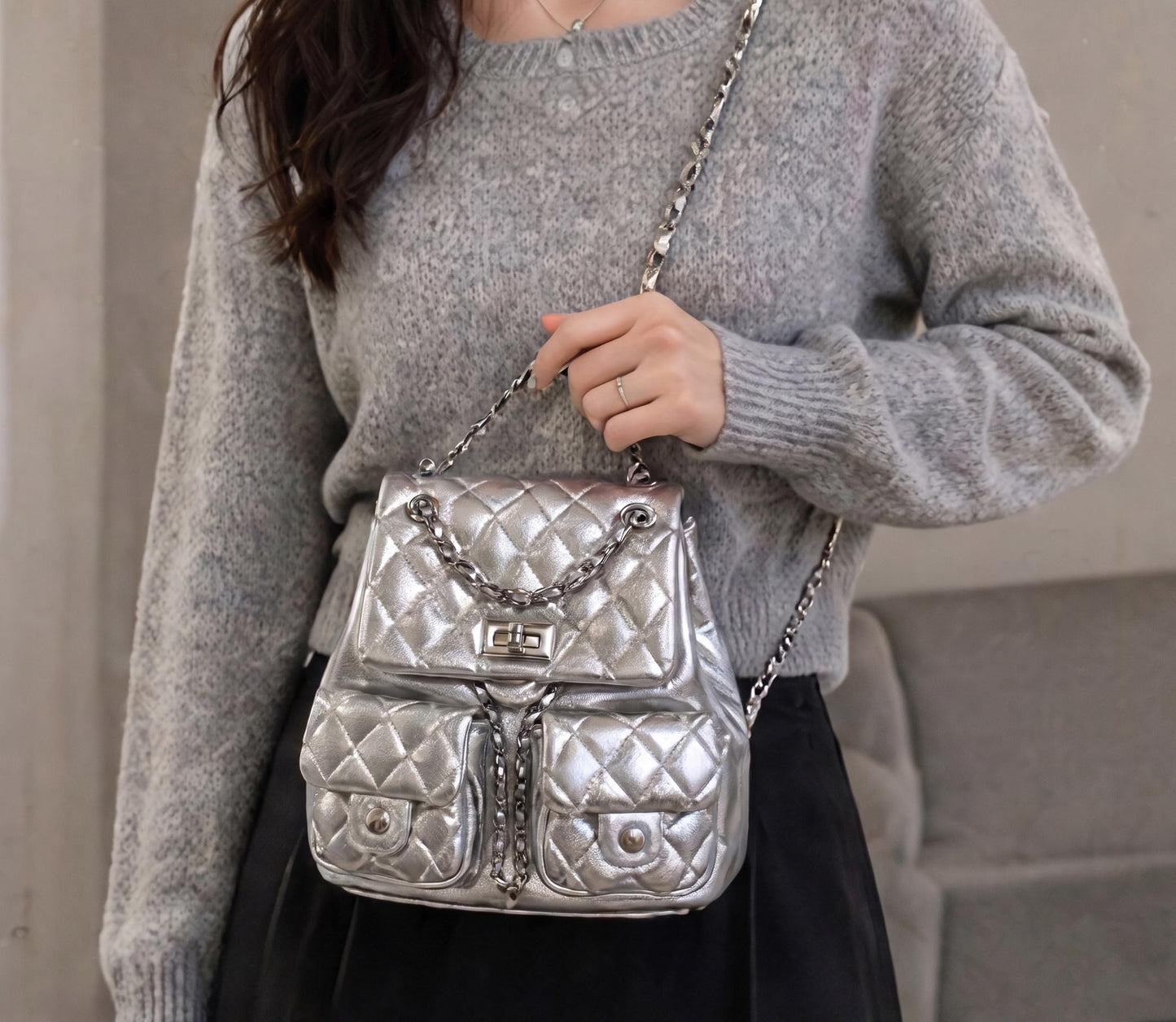 COC.EFRENAR Quilted Mini Backpack for Women, Chain Strap Small Purse with Flap Closure, Fashion Shoulder Bag Cute Travel Daypack(Silver)
