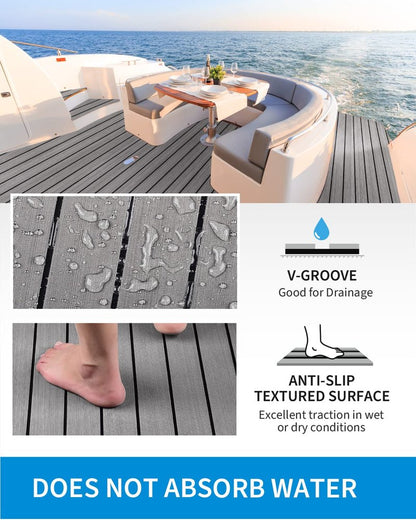 OCEANBROAD Self-Adhesive 48''x16.8'' Boat Flooring with 3M Adhesive Backing EVA Foam Boat Decking Faux Teak Marine Non-Slip Sheet for Jon Motor Boats Yacht Helm Pad Floor, Gray with Black Seam Lines