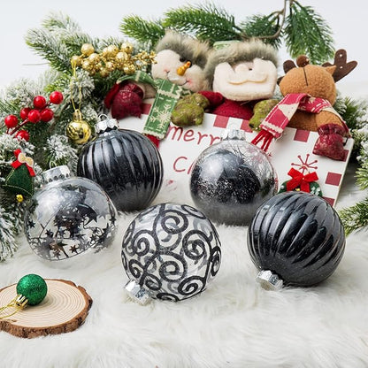 XmasExp 8ct Christmas Ball Ornaments Set -Large Clear Plastic Shatterproof Xmas Tree Ball Hanging Baubles Stuffed Delicate Glittering for Holiday Wedding Xmas Party Decoration (100mm/3.94",Black)