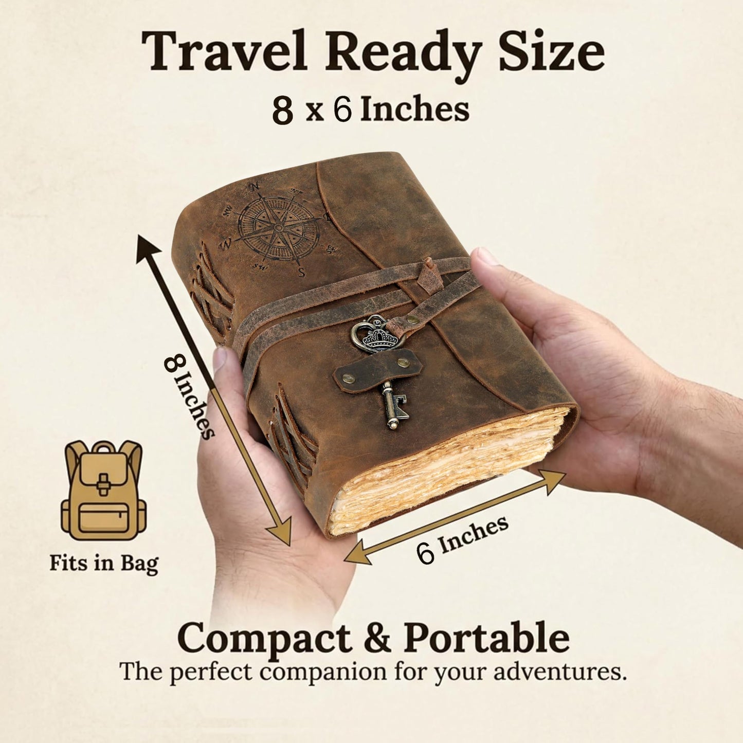 cuero Compass Vintage Leather Journal Antique Handmade Bound Journal with Deckle Edge Paper Diary Leather Sketchbook Drawing Journal Notebook Great Gift Men & Women (6X8 Inch)