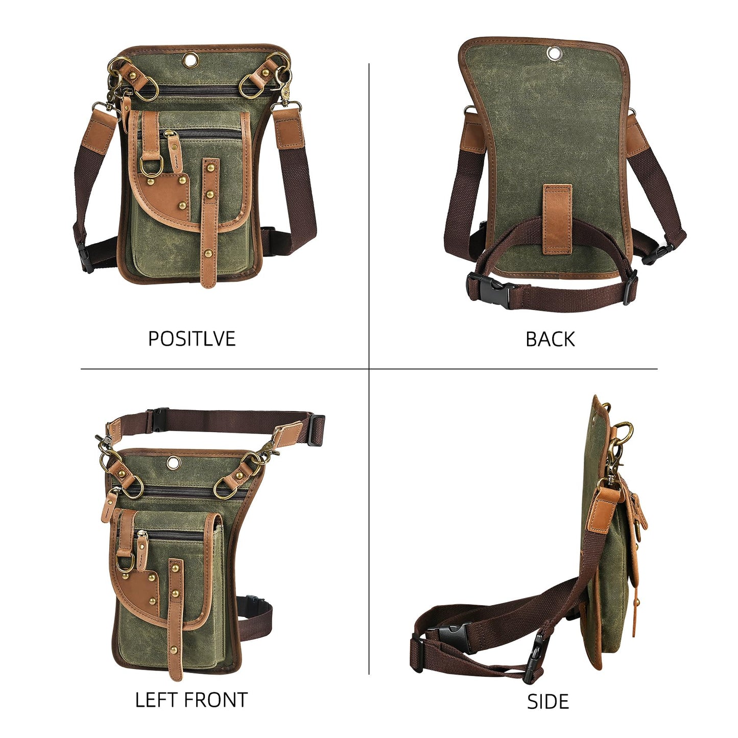 Handadsume Canvas + Leather Motorcycle Travel Fanny Waist Pack Drop Thigh Leg Bag Pouch For Men Women FB2141 (2141-The Army Green)