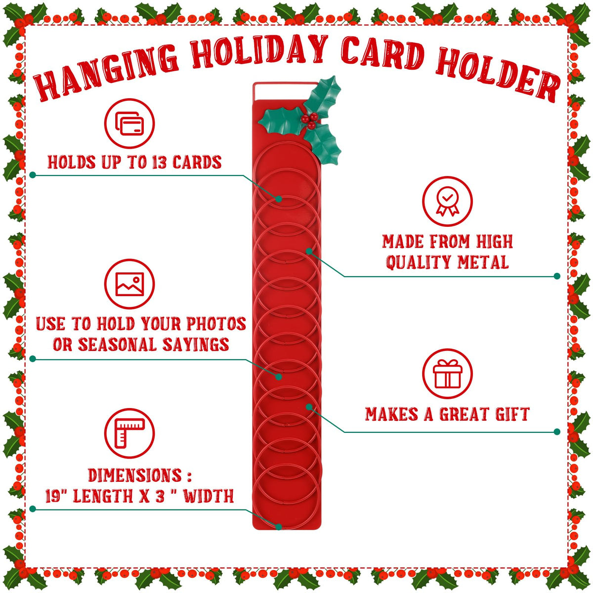 Sliner 2 Pcs Metal Christmas Card Holder 19'' Holly Christmas Card Display Hanging Vertical Photo Wall Hanging Decor for Home Office Xmas Party