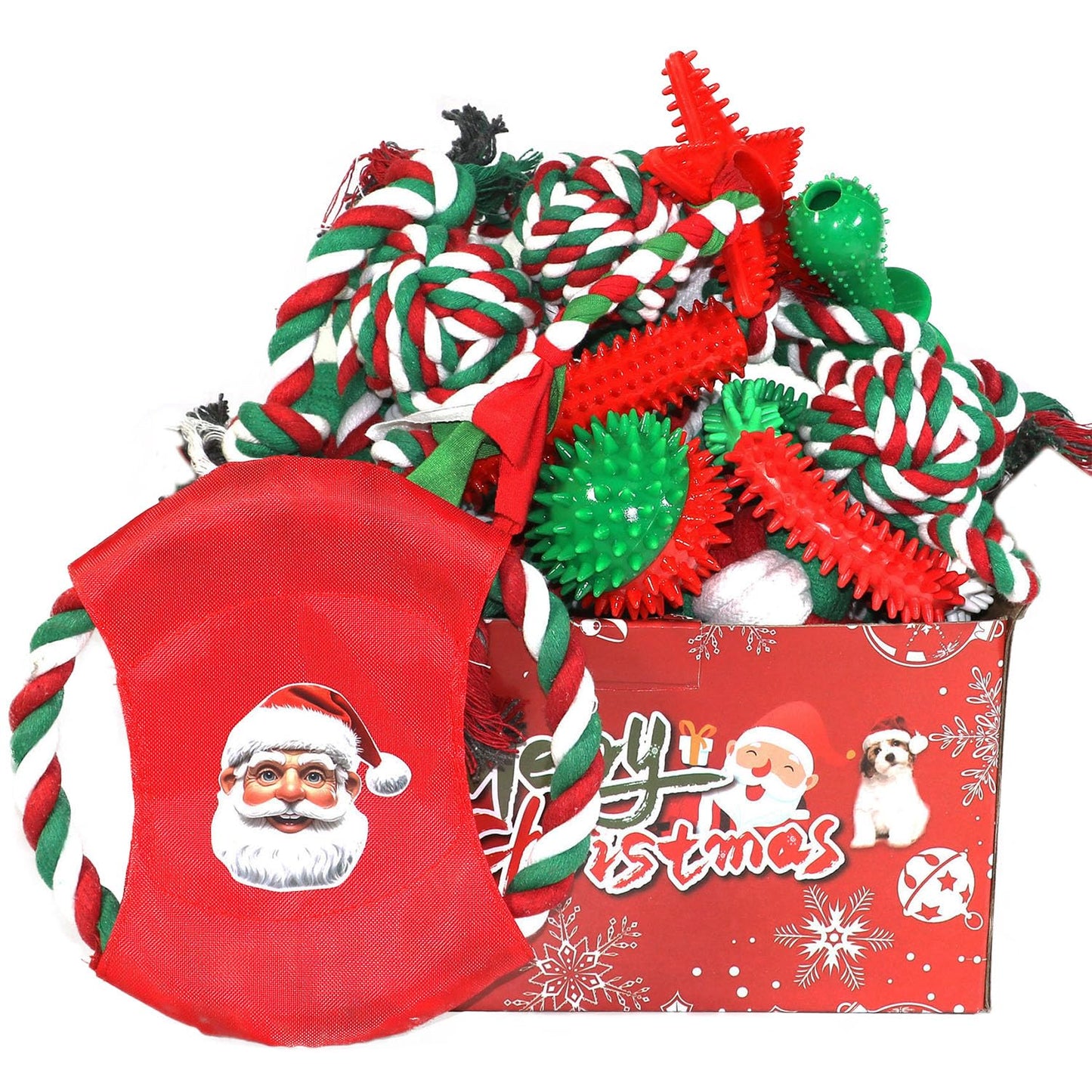Christmas Dog Toys 15 Pack, Puppy Rubber Chew Toys with Rope Toys Set, Interactive Tough Christmas Gifts Box for Dogs, Training Playing Teething Busy Toys Bulk for Holiday Puppies Presents