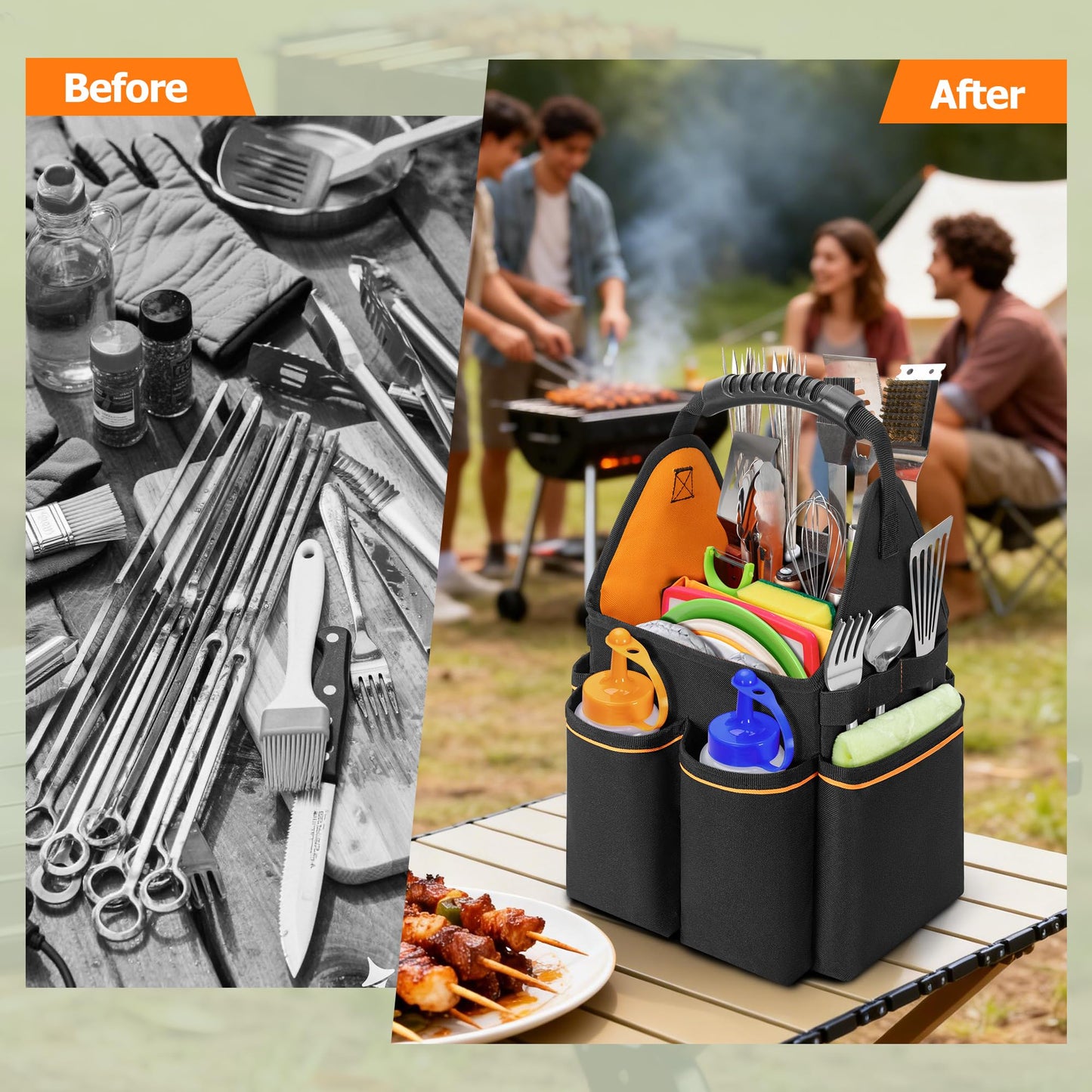 HODRANT Grill Utensil Storage Bag, Portable BBQ Tool Caddy with Divider & Boards, Large Grilling Tool Box with Pockets & Handle, Outdoor Barbecue Accessories Case for Camping & Kitchen, Bag Only