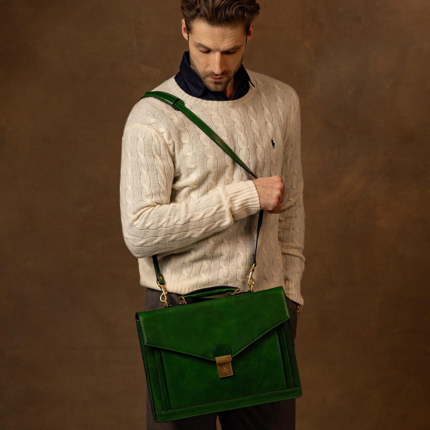 Time Resistance Leather Briefcase for Men - Business Laptop Bag - Italian Handmade Leather Bag - Attache - Gift Box Included (Green)