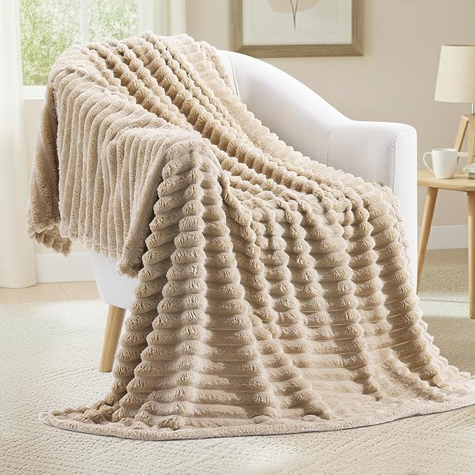 decorUhome Soft Fleece Light Brown Twin Blanket for Bed, Cozy Fluffy Plush Flannel Striped Throws for Couch Sofa, Lightweight Decorative Ribbed Fuzzy Blanket for Woman, 60x80 Inches