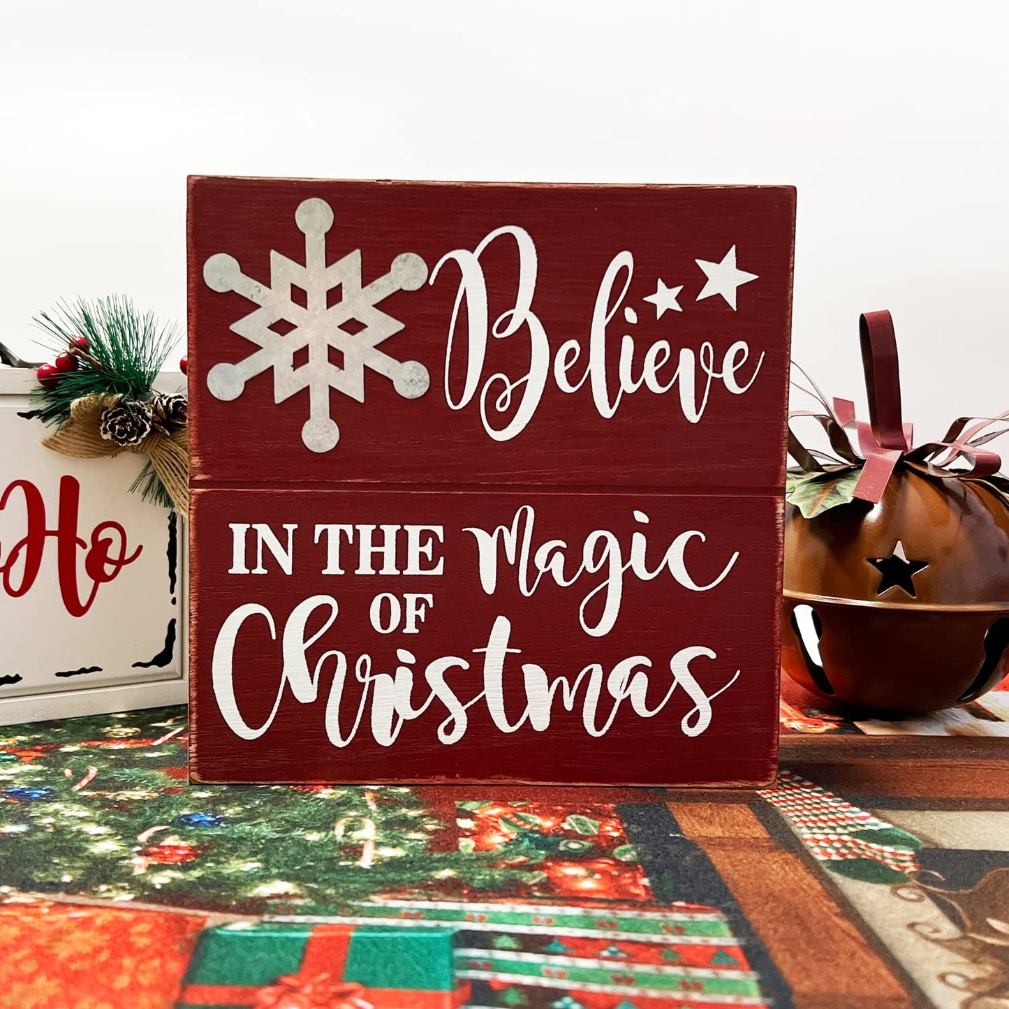 Christmas Farmhouse Wood Hanging Wall Sign Decor Wooden Frame Box Sign, Rustic Decorative Xmas Signs Freestanding Tabletop Winter Christmas Decorations