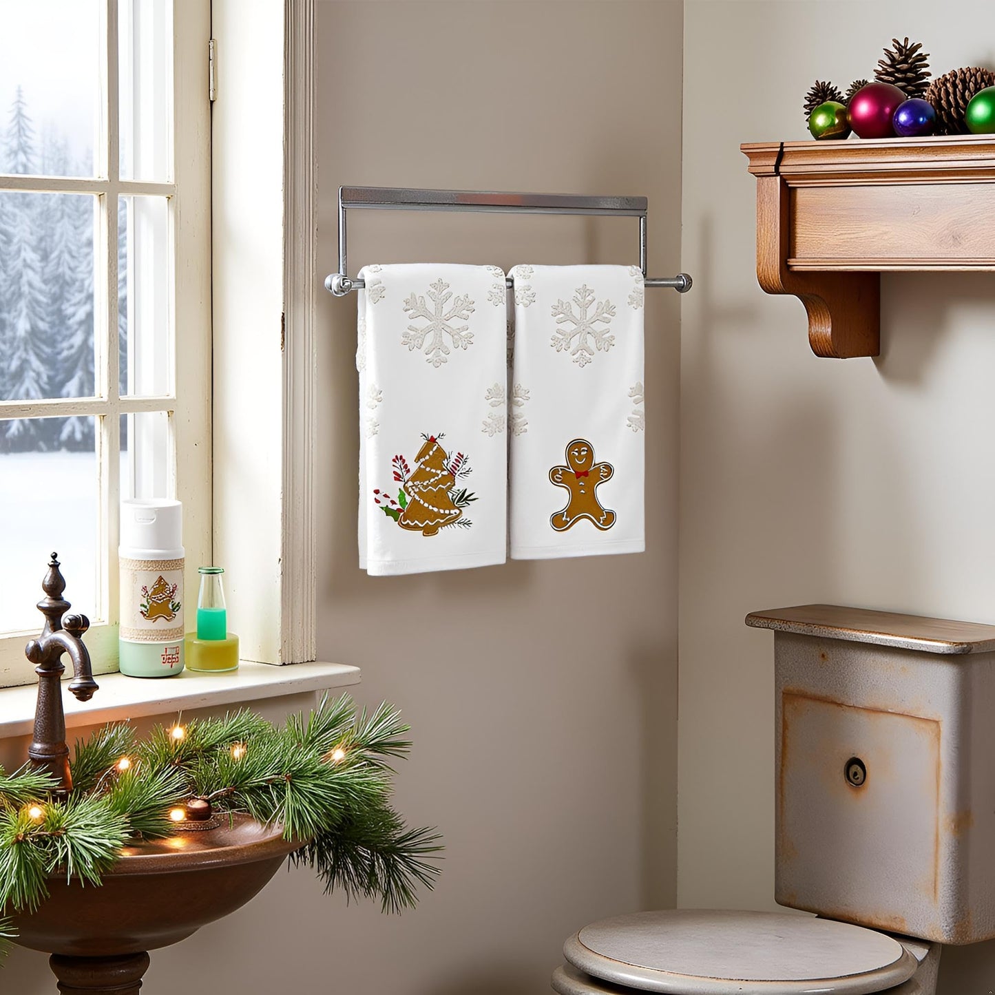 2 Pack Christmas Gingerbread Hand Towels 100% Cotton Jacquard Snowflake Embroidered Candy holiday Kitchen dish Towels Retro Neutral Beige Bathroom Towels Set gift Seasonal Xmas Winter Bathroom Decor