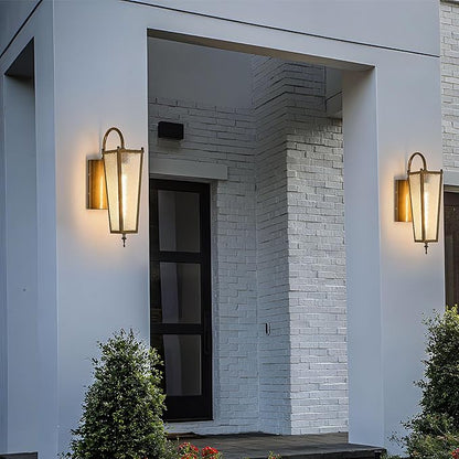 Outdoor Wall Light, Vintage Gold Metal Sconce, 17.1in Exterior Waterproof Lantern with Clear Glass, Farmhouse Porch Wall Mount Lighting for Garage, Patio, Front Door