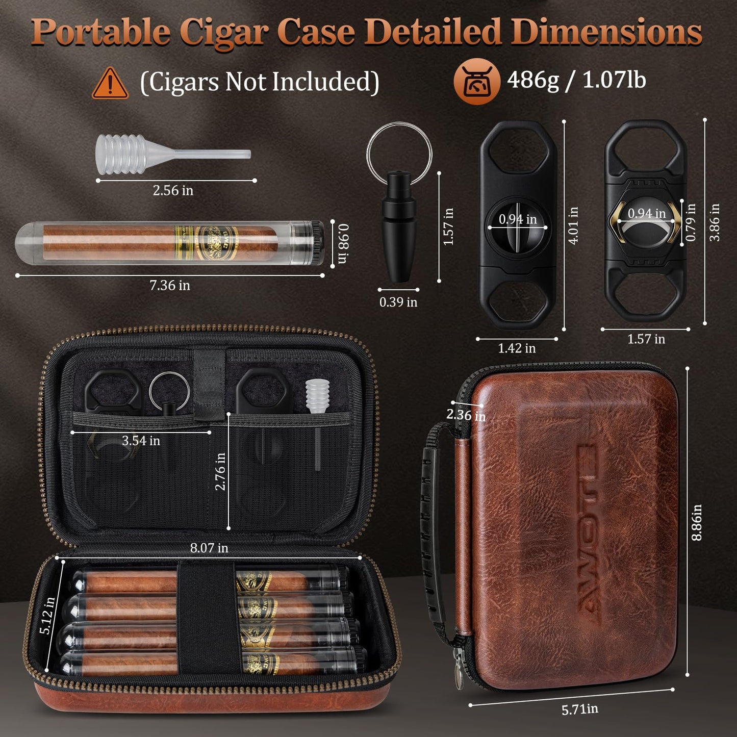 AWOTE Travel Cigar Humidor Case, Portable Cigar Bag with 4 Cigar Tubes, Leather Cigar Case Include Straight Cutter, V Cutter, Hole Puncher, Gift Set for Cigar Lovers, Lighter not included (Brown)