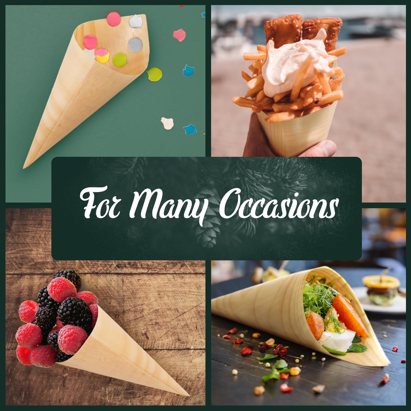 BambooMN - Disposable Food and Appetizer Wood Cones - 3.1" x 1.5" - 100 Pieces