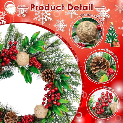 Christmas Wreaths for Front Door Outside Decor, 20" Red Berries Linen Ball Pine Boughs Winter Artificial Wreath Decorations with Hanging Sign for Xmas Holiday Home Door Wall Window Fireplace Indoor