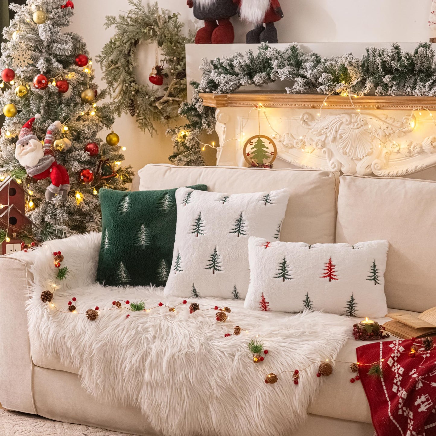 AQOTHES Christmas Tree Green Throw Pillow Covers 18x18, Soft Faux Fur Embroidered Throw Pillows for Couch Sofa Cushion Covers Holiday Home Decor