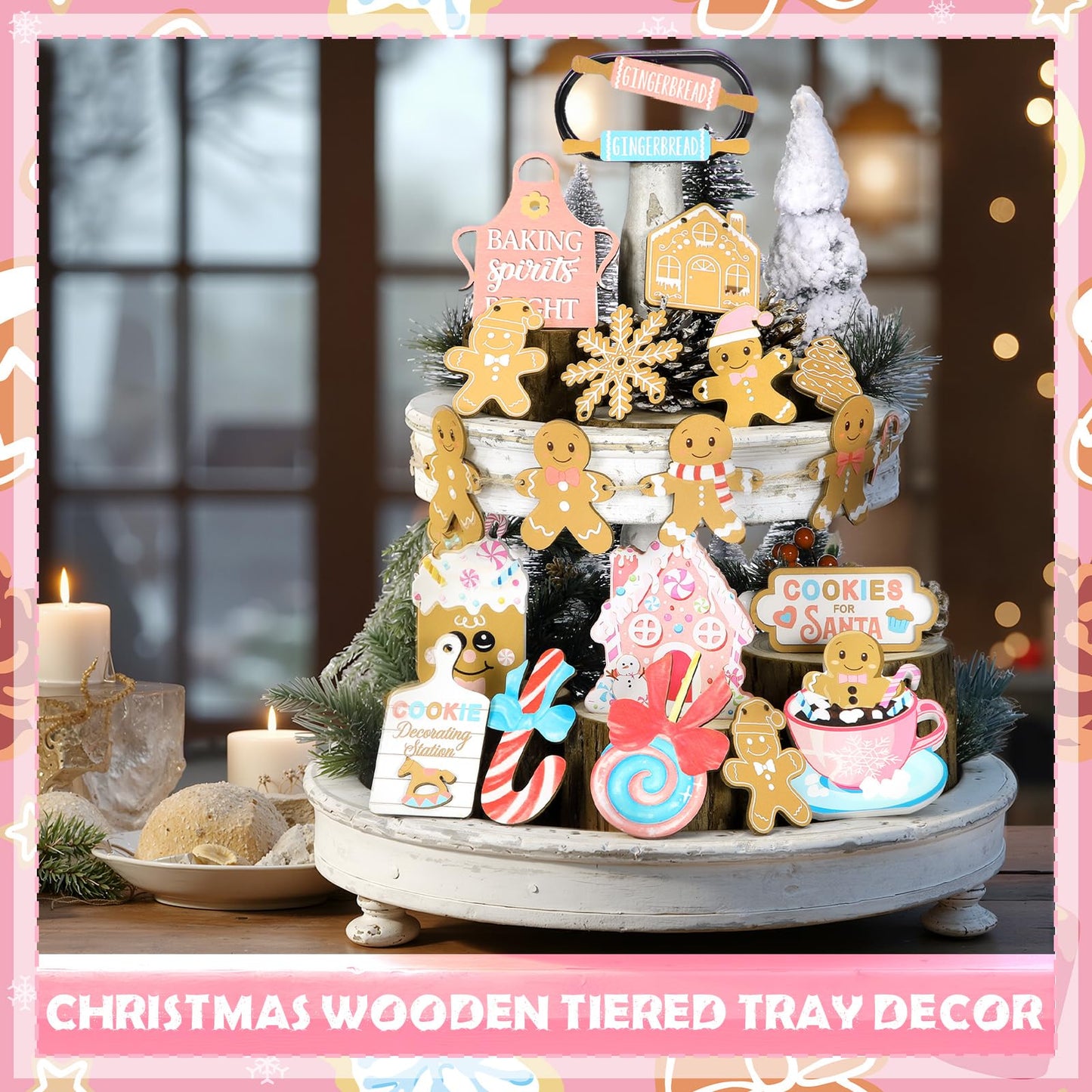 Chunful 20 Pcs Christmas Gingerbread Tiered Tray Decor Pink Pastel Wooden Tiered Tray Decoration Set Winter Table Signs Xmas Tree Snowflake Tabletop Centerpieces for Farmhouse Shelf Office Home