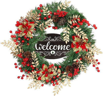 Christmas Wreaths for Front Door Outside Decor, 22" Berries Poinsettia Golden Leaves Pinecone Winter Artificial Wreath Decorations with Hanging Sign for Xmas Home Door Wall Window Fireplace Porch