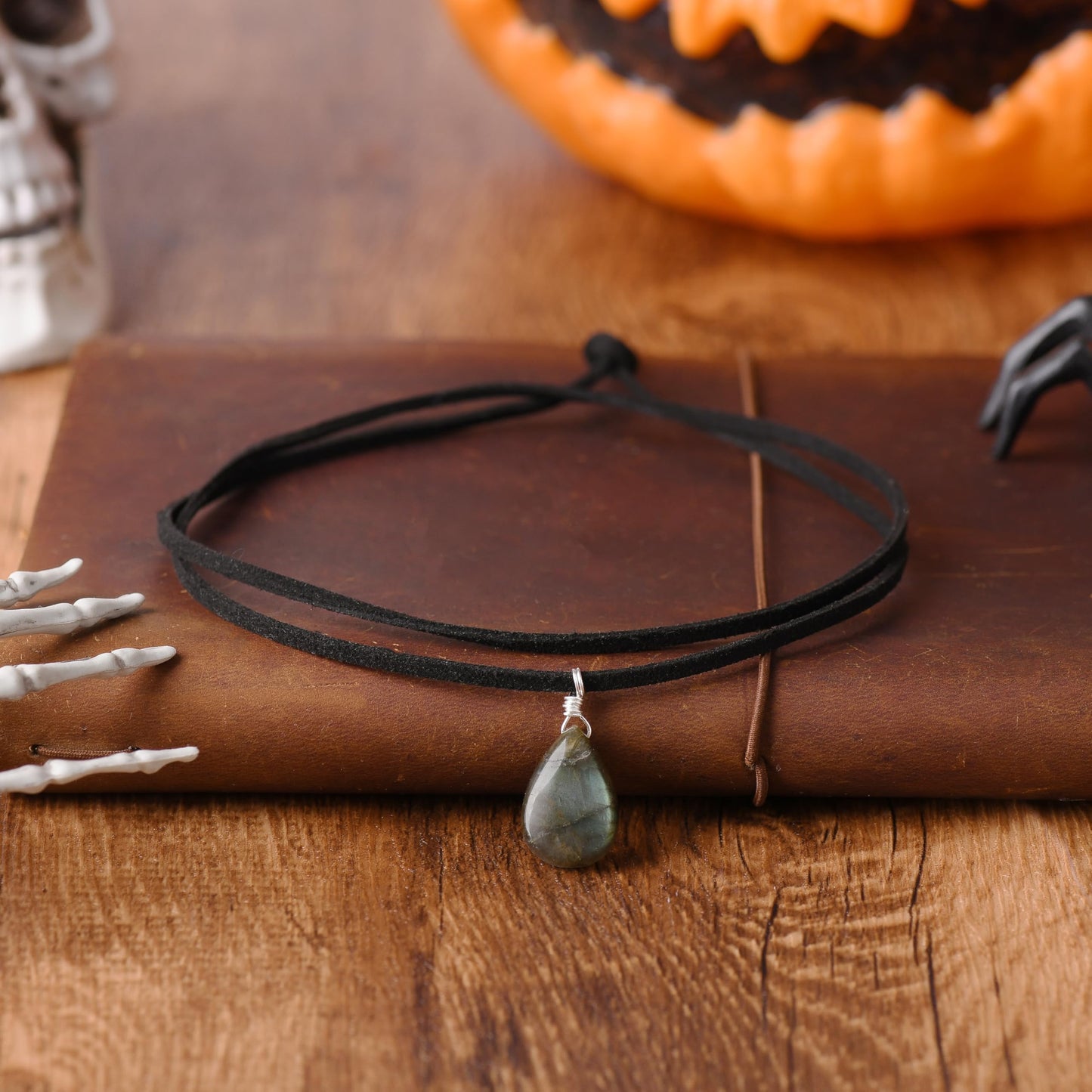 RareLove Black Leather Layering Choker Necklace for Women 925 Sterling Silver Teardrop Labradorite Stone Pendant Healing Crystal Necklace Gothic Boho Anxiety Jewelry