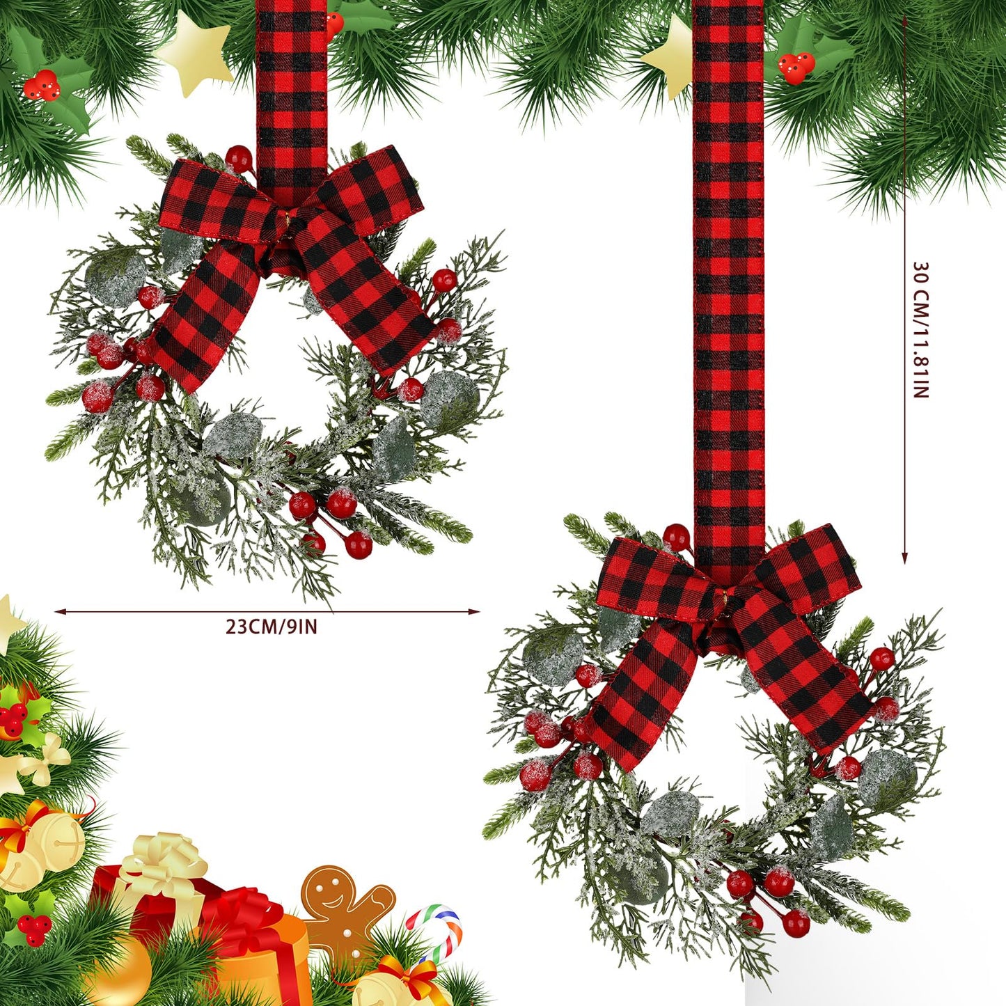 Syhood 2 Pieces 9" Mini Christmas Wreath Mini Cabinet Wreaths for Kitchen Christmas Red Berry with Red and Black Plaid Bow Farmhouse Wreath for Holiday Xmas Party Decorations(Buffalo Plaid Bow)