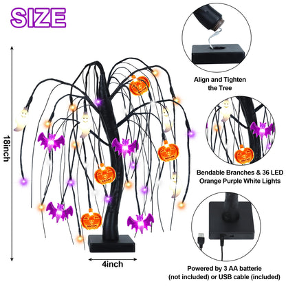 Halloween Table Decorations 18 Inch 36 LED Halloween Willow Tree with Pumpkin Bat Ghost Lights, Timer/USB/Battery Operated Black Halloween Tree Spooky Halloween Decorations Indoor Home Party Room Gift