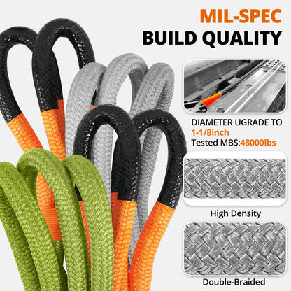 HOKINETY Kinetic Recovery Tow Rope: 1-1/8" x 30ft 48000LBS Snatch Strap with Soft Shackles Heavy Duty Offroad Towing Straps Kit for Trucks SUV UTV ATV Tractor Car Jeep - Gray