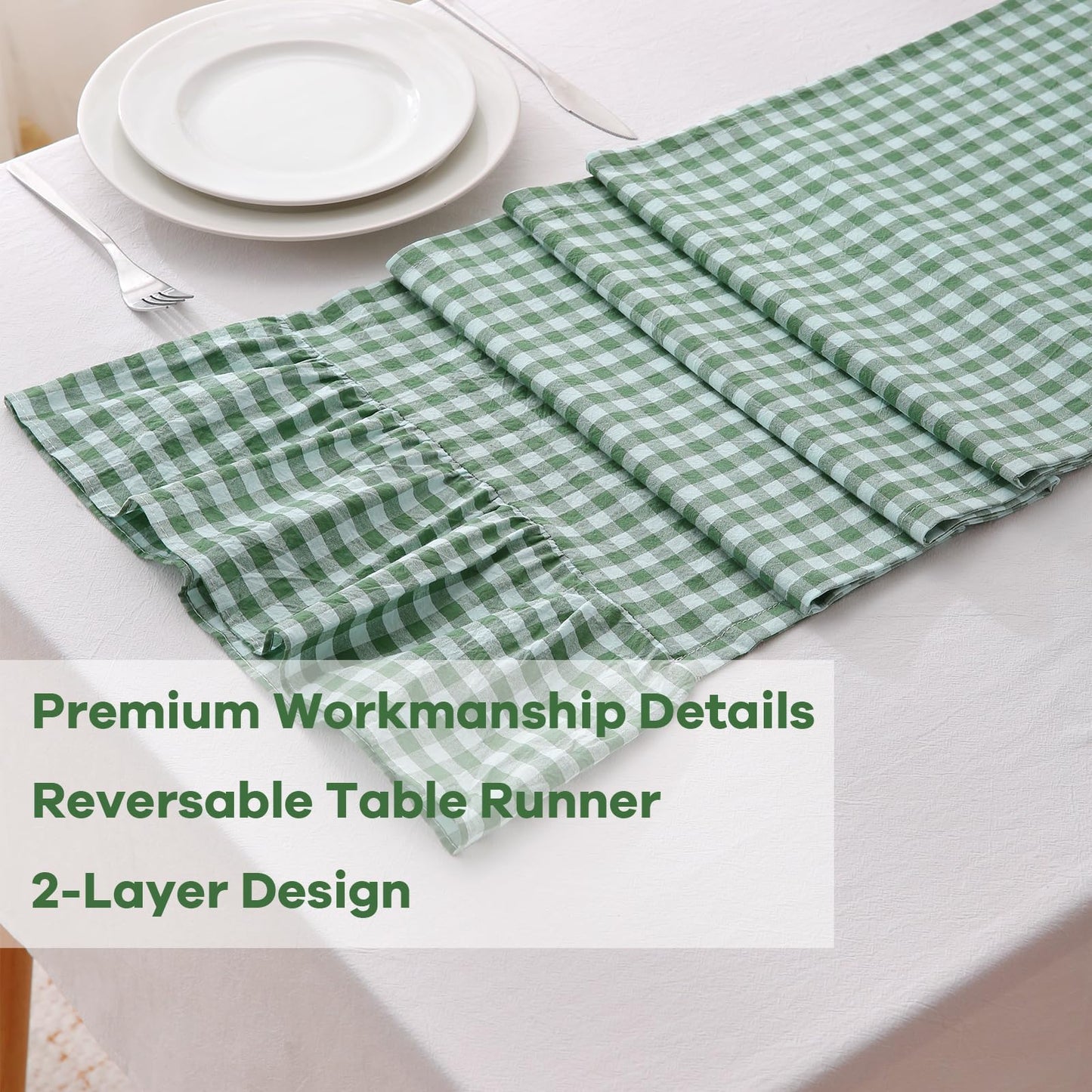 Christmas Green White Plaid Gingham Ruffle Table Runner 120 inches Long Christmas 100% Washed Cotton Decorative Farmhouse Cabinet Cover (Green, 120"x13")