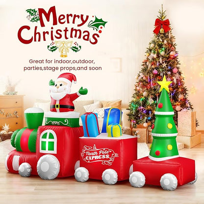 10 FT Deluxe Christmas Inflatables Train with Santa Claus, Gift Box, Christmas Tress, Built-in LED Lights, Blow Up Lovely Train Carriage for Christmas Party Holiday, Outdoor Garden Lawn Yard Decor