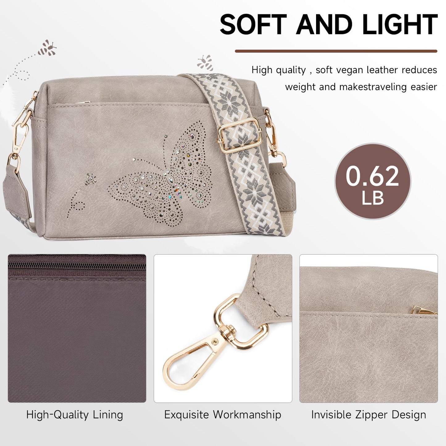KITEVIUN Crossbody Bags for Women, Vegan Leather Phone Purse Triple Zip Butterfly Women’s Shoulder Handbags with Wide Strap Gray