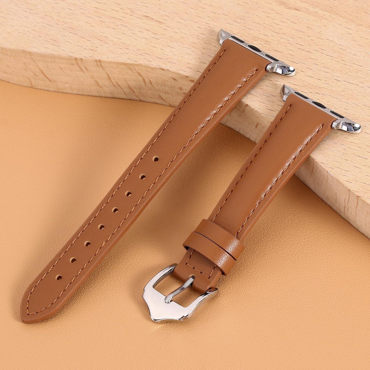 Women Slim French Full Grain Leather Band Compatible with Apple Watch 40/41/42/38mm, Lightweight Breathable iWatch Straps for Series 11 10 9 8 7 6 5 4 SE 3 2 1, Brown