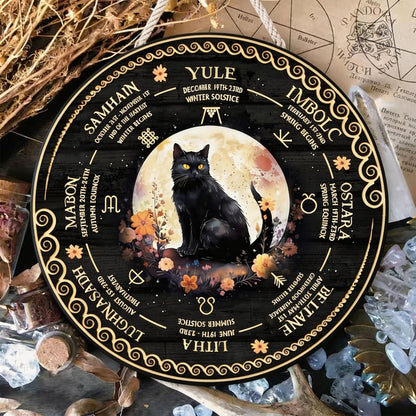 RIVEENY Wheel Of The Year Wall Hanging, Wooden Sabbats Pagan Witch Calendar, 12in Wicca Altar Decor for Yule, Celestial Signs, Christmas & Halloween