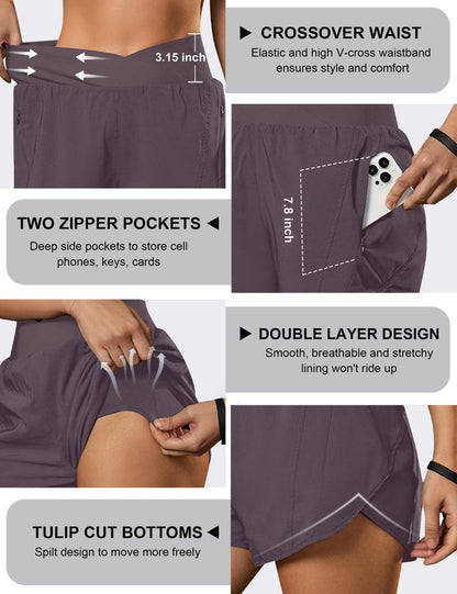 Blooming Jelly Women's Workout Shorts Athletic Running Casual Summer Quick Dry Gym Active Shorts with Zipper Pocket (Coffee,Large)