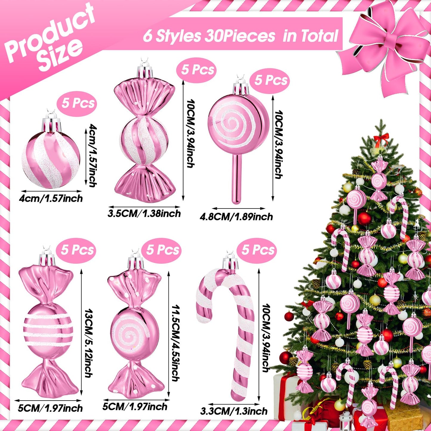 Liliful 30 Pcs Christmas Candy Cane Lollipop Ornaments Set Plastic Holiday Peppermint Candy Home Hanging Ornament Lollipop with Rope for Xmas New Year Party Decor(Pink White)