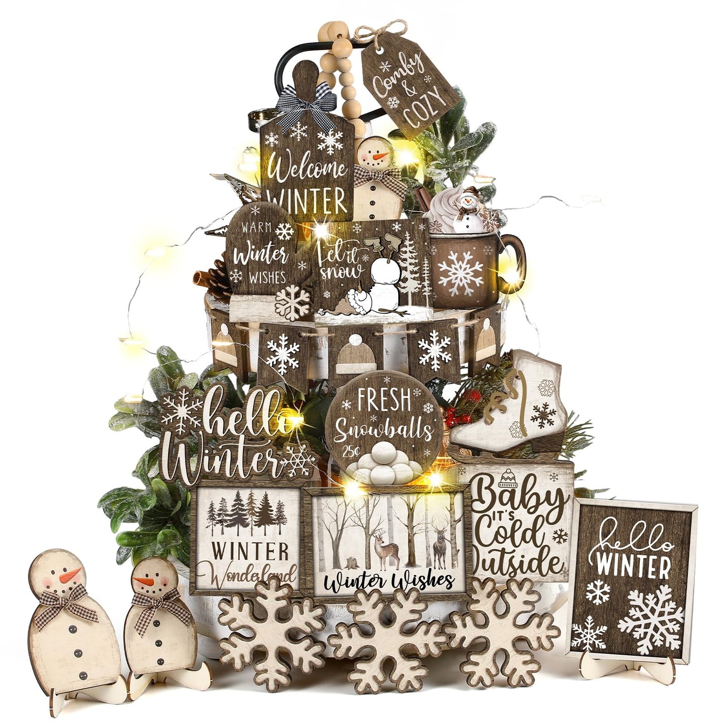 Shellwei 23 Pcs Winter Tiered Tray Decor Set Wood Rustic Hello Winter Snowman Snowflake Decoration Christmas Farmhouse Decor Xmas Signs for Christmas Decorative Trays Table Shelf Home Centerpiece