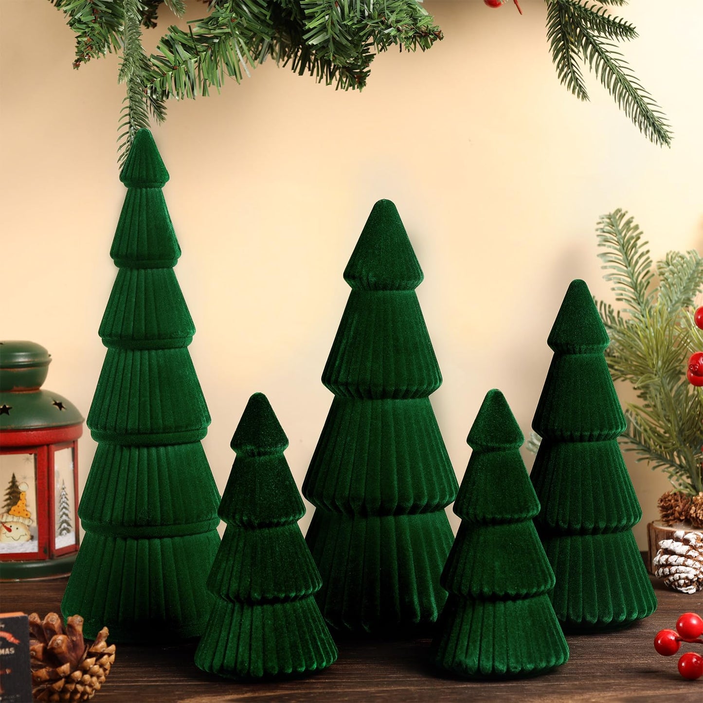 5 Pieces Christmas Velvet Trees Set Modern Christmas Decor 4 Szies Christmas Velvet Cone Trees Table Decoration Winter Decoration for Entryway Mantle Farmhouse(Green)